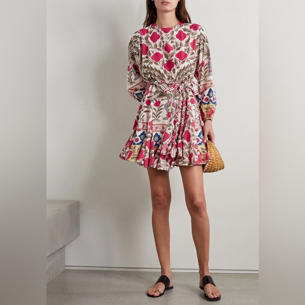 NEW RHODE Ella Belted Printed Cotton Mini Long Sleeve Dress, Size M